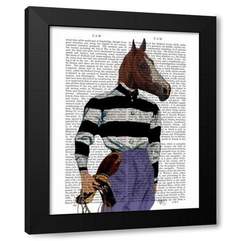 Horse Racing Jockey Portrait Black Modern Wood Framed Art Print by Fab Funky