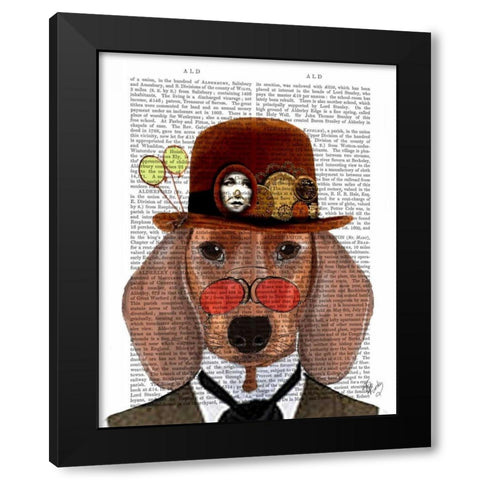Dachshund with Steampunk Bowler Hat Black Modern Wood Framed Art Print by Fab Funky