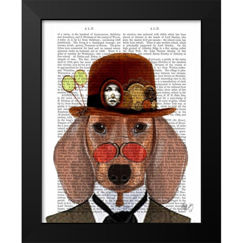 Dachshund with Steampunk Bowler Hat Black Modern Wood Framed Art Print by Fab Funky