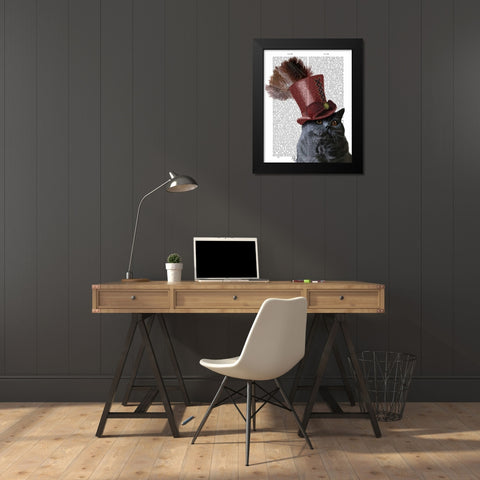 Grey Cat With Steampunk Top Hat Black Modern Wood Framed Art Print by Fab Funky
