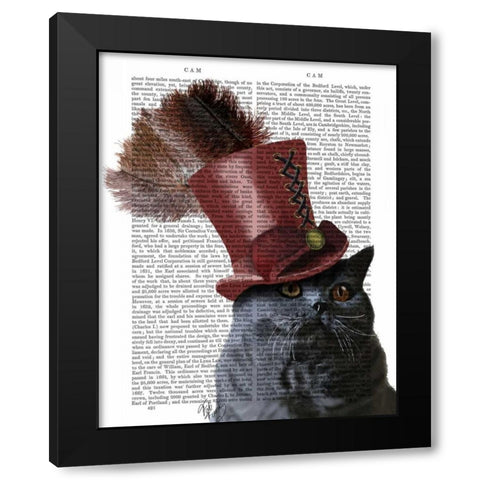 Grey Cat With Steampunk Top Hat Black Modern Wood Framed Art Print by Fab Funky