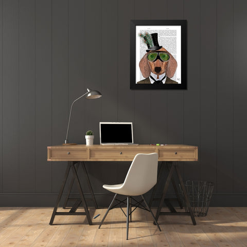 Dachshund Green Goggles Top Hat Black Modern Wood Framed Art Print by Fab Funky