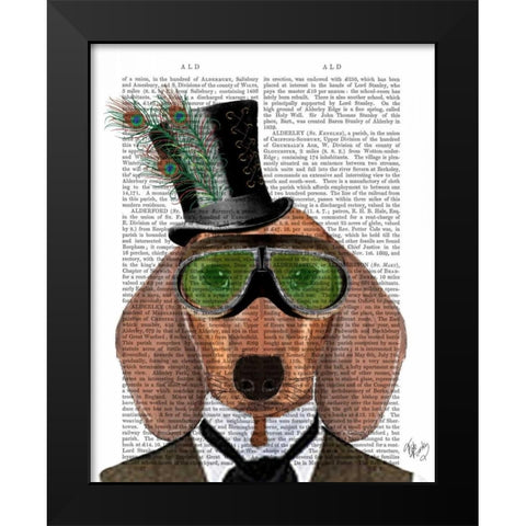 Dachshund Green Goggles Top Hat Black Modern Wood Framed Art Print by Fab Funky