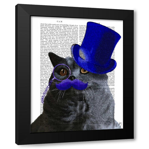 Grey Cat With Blue Top Hat and Blue Moustache Black Modern Wood Framed Art Print by Fab Funky