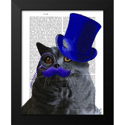 Grey Cat With Blue Top Hat and Blue Moustache Black Modern Wood Framed Art Print by Fab Funky