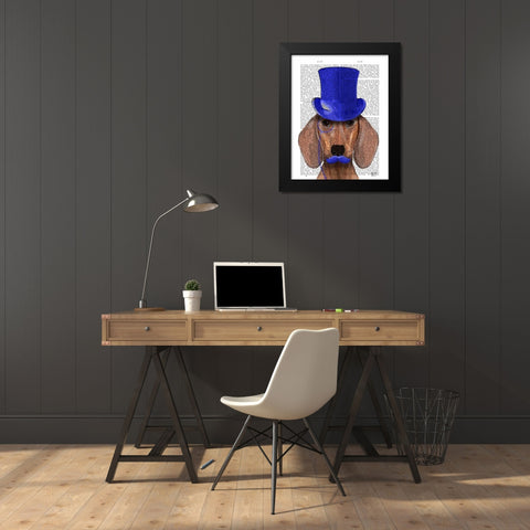 Dachshund With Blue Top Hat and Blue Moustache Black Modern Wood Framed Art Print by Fab Funky