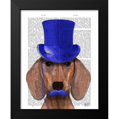 Dachshund With Blue Top Hat and Blue Moustache Black Modern Wood Framed Art Print by Fab Funky