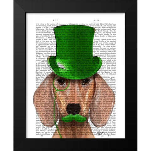 Dachshund With Green Top Hat and Moustache Black Modern Wood Framed Art Print by Fab Funky