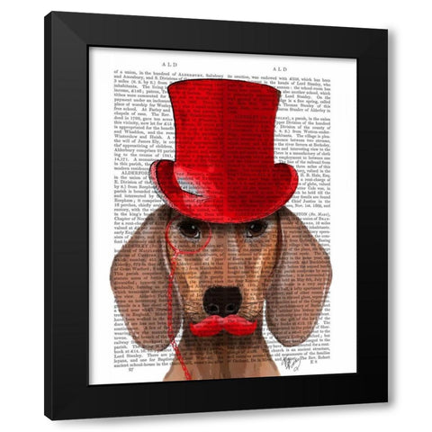 Dachshund With Red Top Hat and Moustache Black Modern Wood Framed Art Print by Fab Funky