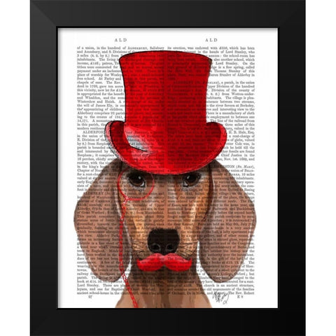 Dachshund With Red Top Hat and Moustache Black Modern Wood Framed Art Print by Fab Funky