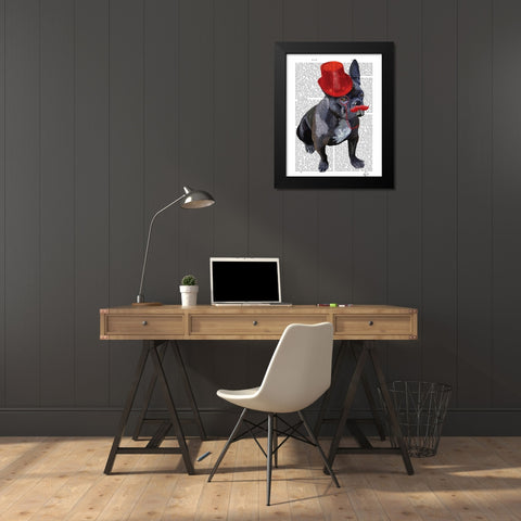 French Bulldog With Red Top Hat and Moustache Black Modern Wood Framed Art Print by Fab Funky
