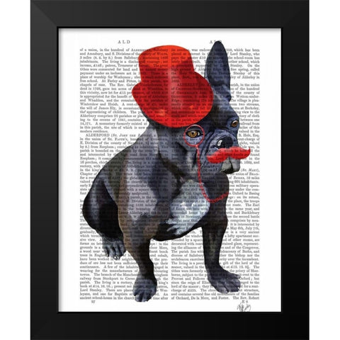 French Bulldog With Red Top Hat and Moustache Black Modern Wood Framed Art Print by Fab Funky