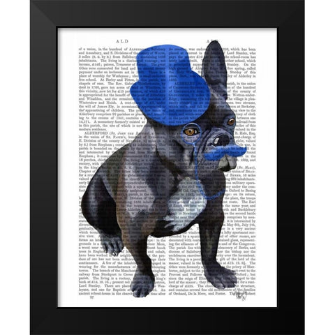 French Bulldog With Blue Top Hat and Moustache Black Modern Wood Framed Art Print by Fab Funky