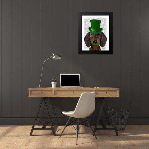 Dachshund with Green Top Hat Black Tan Black Modern Wood Framed Art Print by Fab Funky