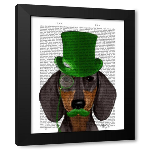 Dachshund with Green Top Hat Black Tan Black Modern Wood Framed Art Print by Fab Funky