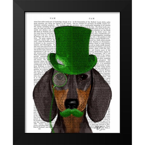 Dachshund with Green Top Hat Black Tan Black Modern Wood Framed Art Print by Fab Funky