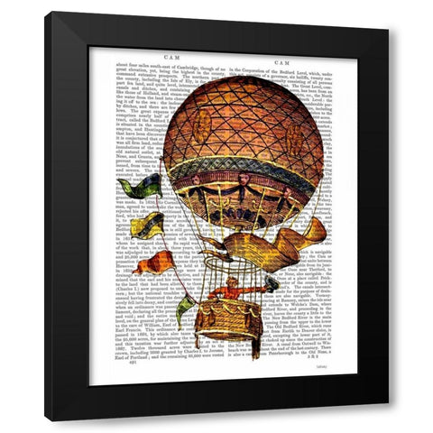 Hot Air Balloon with Flags Black Modern Wood Framed Art Print by Fab Funky