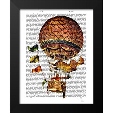 Hot Air Balloon with Flags Black Modern Wood Framed Art Print by Fab Funky