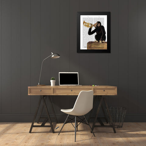 Monkey Playing Trumpet Black Modern Wood Framed Art Print by Fab Funky