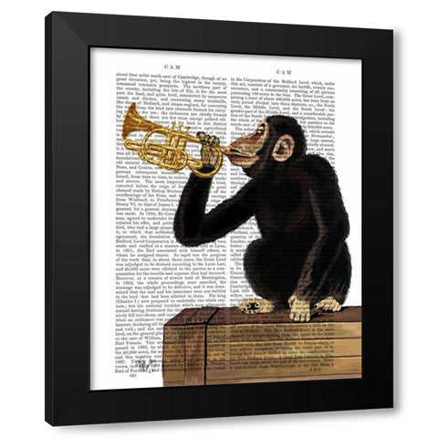 Monkey Playing Trumpet Black Modern Wood Framed Art Print with Double Matting by Fab Funky