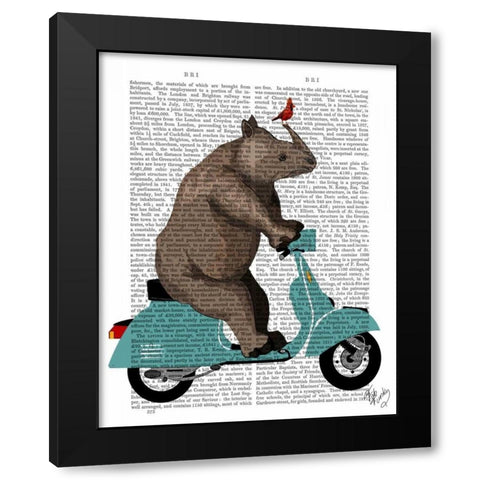 Rhino on Moped Black Modern Wood Framed Art Print by Fab Funky