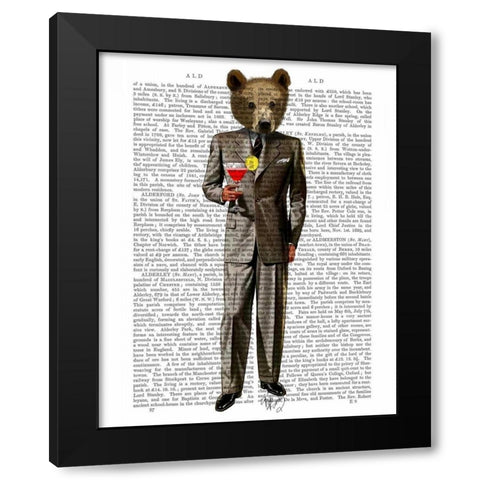 Bear with Cocktail Black Modern Wood Framed Art Print by Fab Funky
