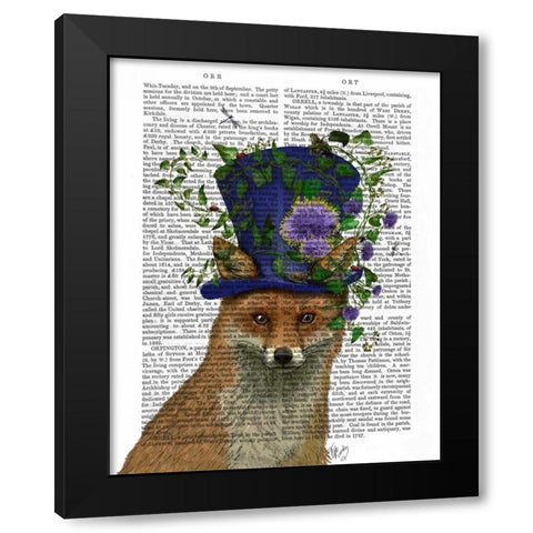 Fox Mad Hatter Black Modern Wood Framed Art Print by Fab Funky