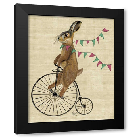 Rabbit On Penny Farthing Black Modern Wood Framed Art Print by Fab Funky