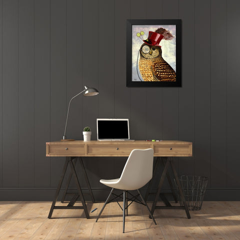 Owl With Top Hat Black Modern Wood Framed Art Print by Fab Funky