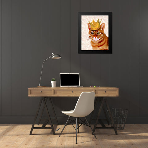 Ginger Cat with Crown Portrait Black Modern Wood Framed Art Print by Fab Funky