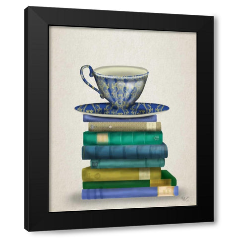 Teacup and Books Black Modern Wood Framed Art Print by Fab Funky