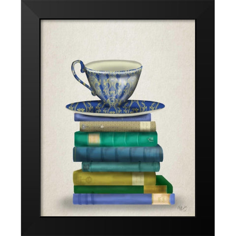 Teacup and Books Black Modern Wood Framed Art Print by Fab Funky