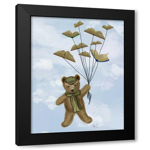 Bear with Book Butterflies Black Modern Wood Framed Art Print with Double Matting by Fab Funky
