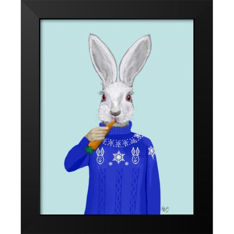 Rabbit In Sweater Black Modern Wood Framed Art Print by Fab Funky
