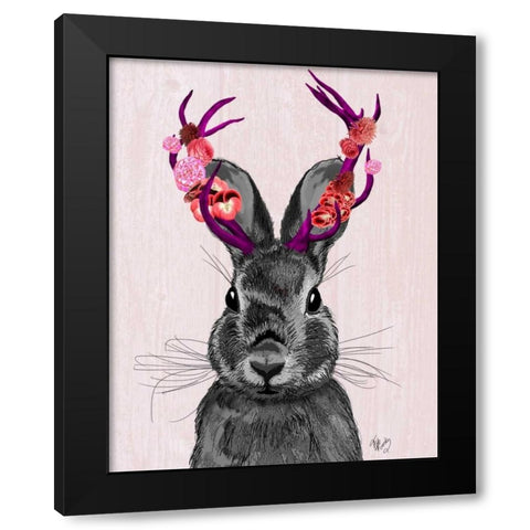 Jackalope with Pink Antlers Black Modern Wood Framed Art Print with Double Matting by Fab Funky