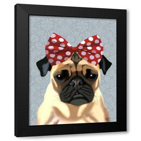 Pug with Red Spotty Bow On Head Black Modern Wood Framed Art Print with Double Matting by Fab Funky