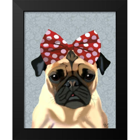 Pug with Red Spotty Bow On Head Black Modern Wood Framed Art Print by Fab Funky