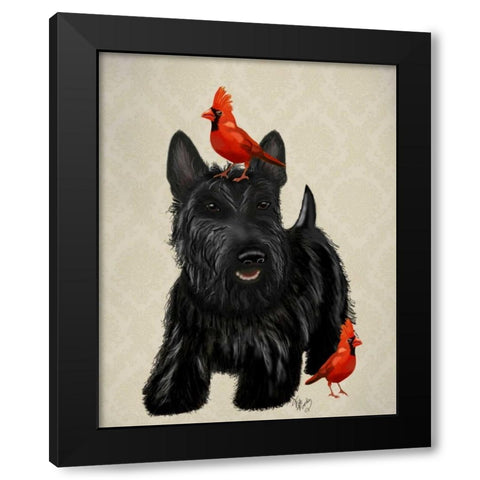 Scottie Dog and Red Birds Black Modern Wood Framed Art Print by Fab Funky