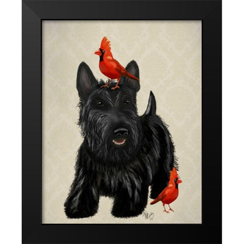 Scottie Dog and Red Birds Black Modern Wood Framed Art Print by Fab Funky