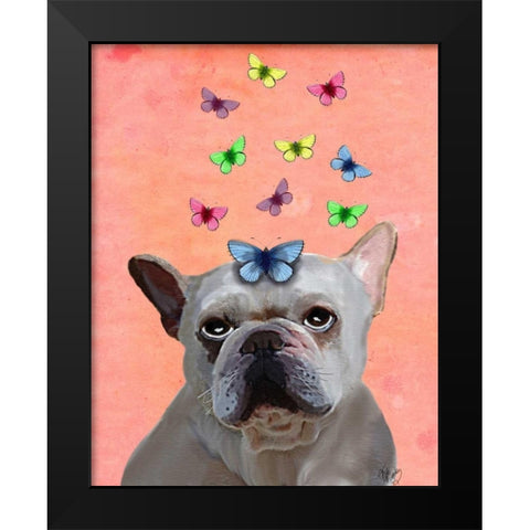 White French Bulldog and Butterflies Black Modern Wood Framed Art Print by Fab Funky