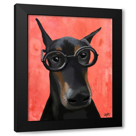 Doberman With Glasses Black Modern Wood Framed Art Print by Fab Funky