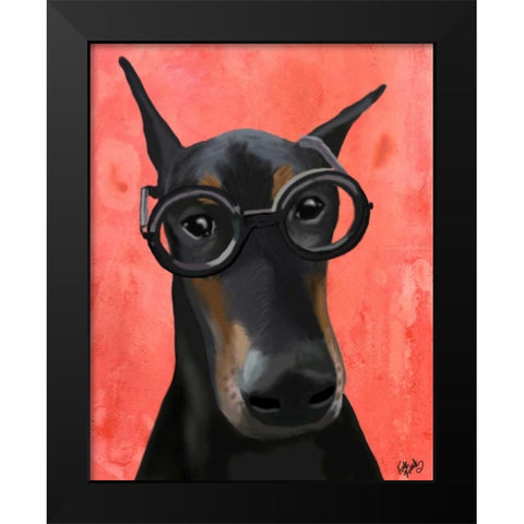 Doberman With Glasses Black Modern Wood Framed Art Print by Fab Funky