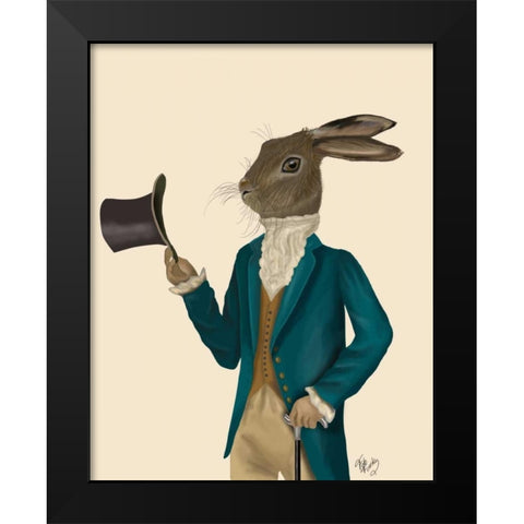 Hare In Turquoise Coat Black Modern Wood Framed Art Print by Fab Funky