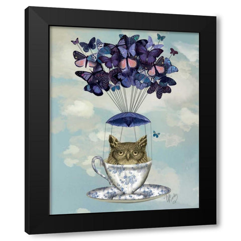 Owl In Teacup Black Modern Wood Framed Art Print by Fab Funky