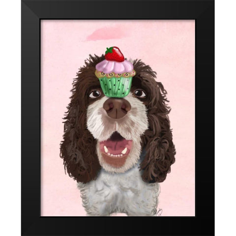 Springer Spaniel with Cupcake Black Modern Wood Framed Art Print by Fab Funky