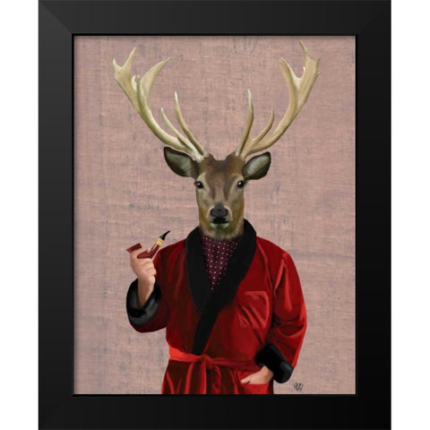 Deer in Smoking Jacket Black Modern Wood Framed Art Print by Fab Funky