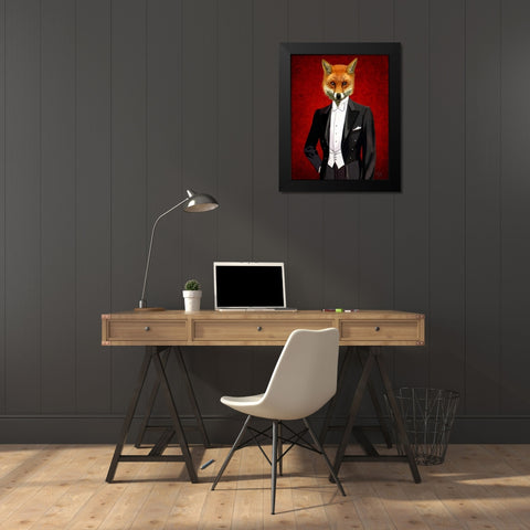 Fox In Evening Suit Portrait Black Modern Wood Framed Art Print by Fab Funky