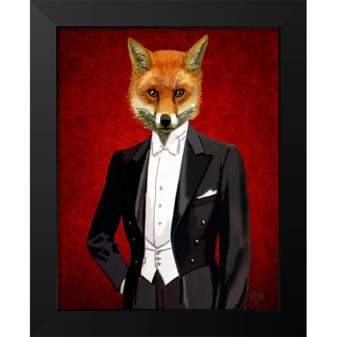 Fox In Evening Suit Portrait Black Modern Wood Framed Art Print by Fab Funky