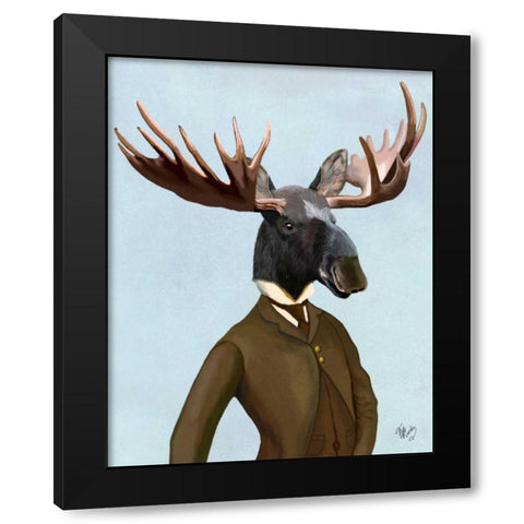 Moose In Suit Portrait Black Modern Wood Framed Art Print with Double Matting by Fab Funky
