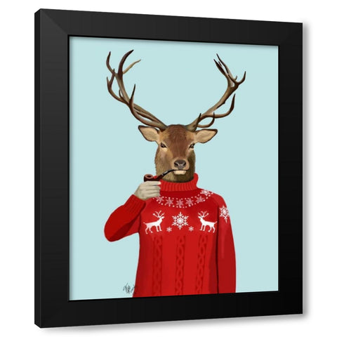 Deer in Ski Sweater Black Modern Wood Framed Art Print by Fab Funky